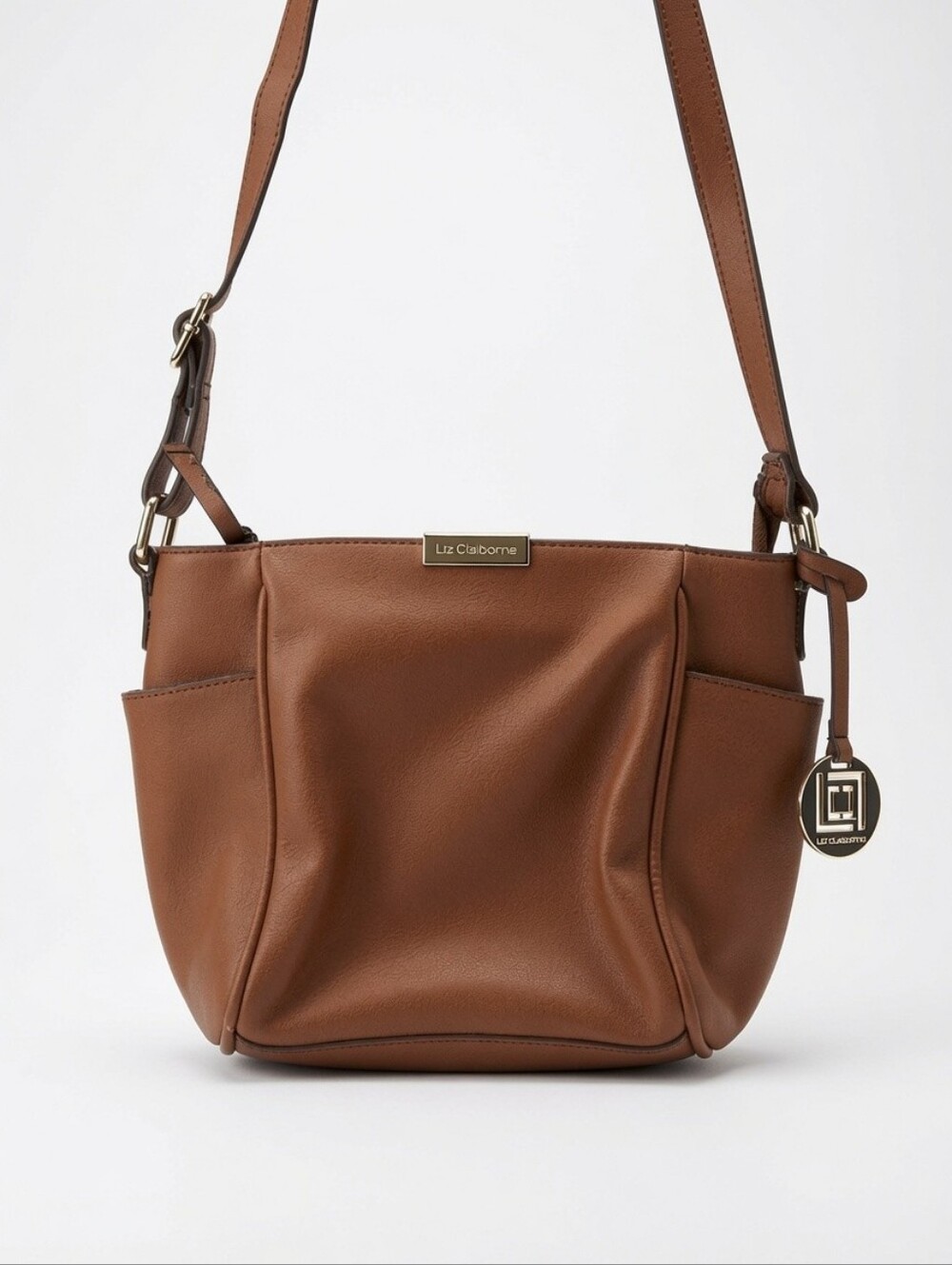 Liz Claiborne Brown Pebbled Leather Crossbody Shoulder Bag Gold Logo Charm